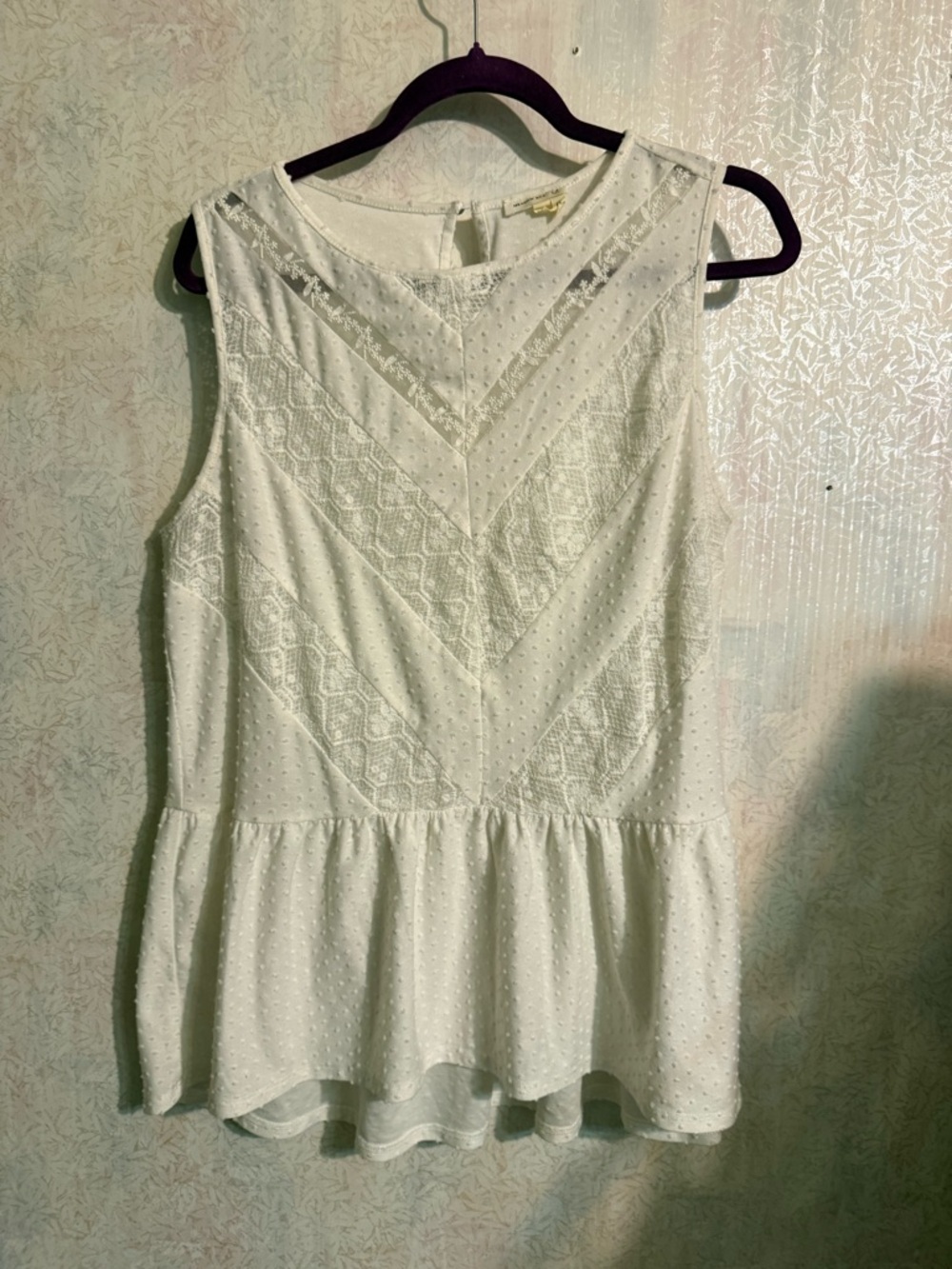 Anthropology Meadow Rue White Sleeveless Lace & Swiss Dot Peplum Top, Boho, Fair